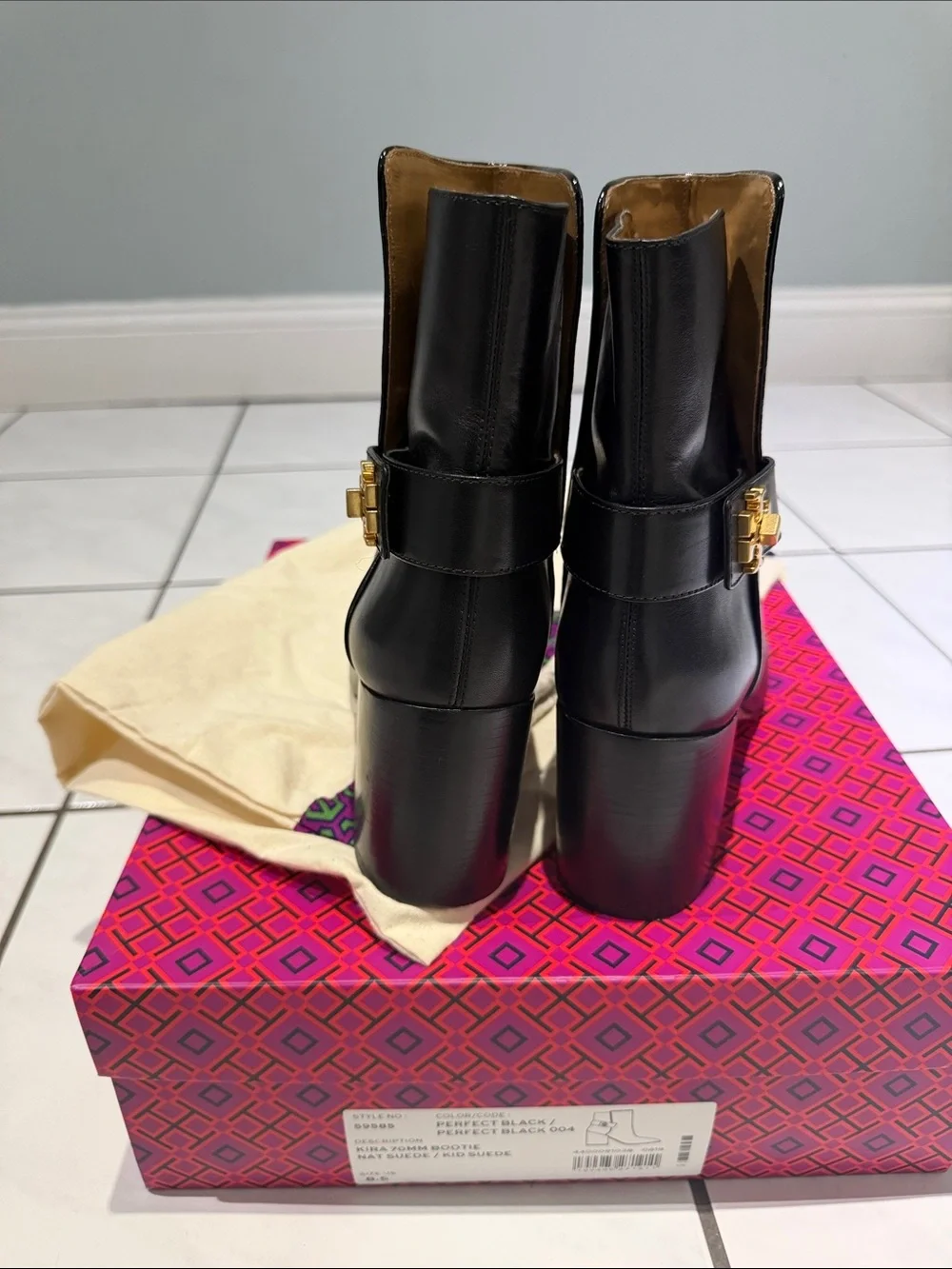 Tory Burch Black Leather Mid-Calf Heeled Boots with Logo Accent